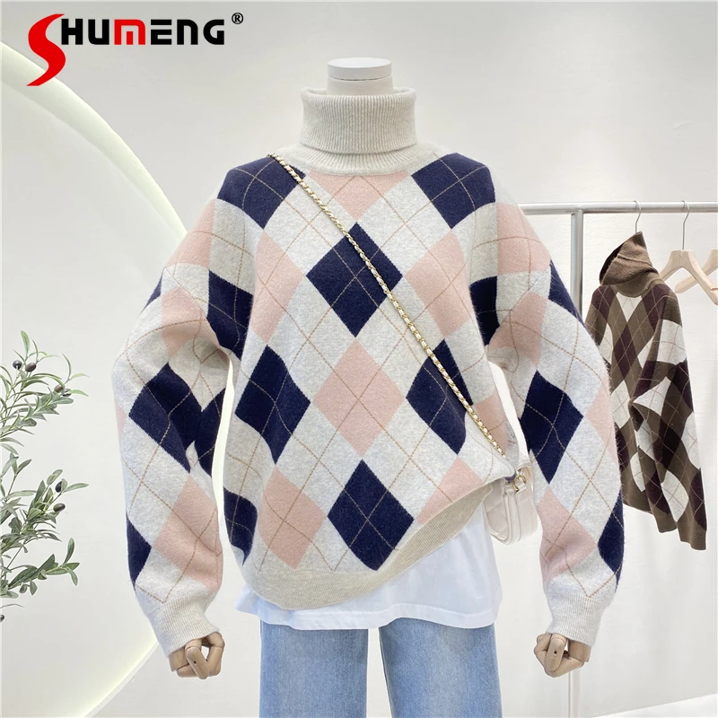 

Модный утепленный пуловер с высоким воротником, женский свитер, новинка сезона осень-зима 2021, простой теплый вязаный Топ в клетку с высоким ...