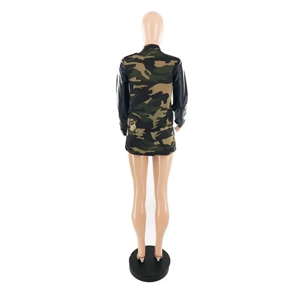 

Camouflage PU Faux Leather Spliced Long Jackets Women Casual Full Sleeve Single-breasted Slim Coat Streetwear Plus Size Outwears