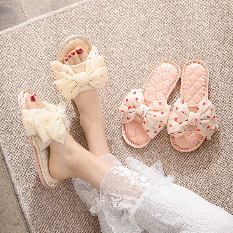 New Home Comfortable Linen Slippers Breathable Indoor Fabric Slippers Silk Big Bow Slippers