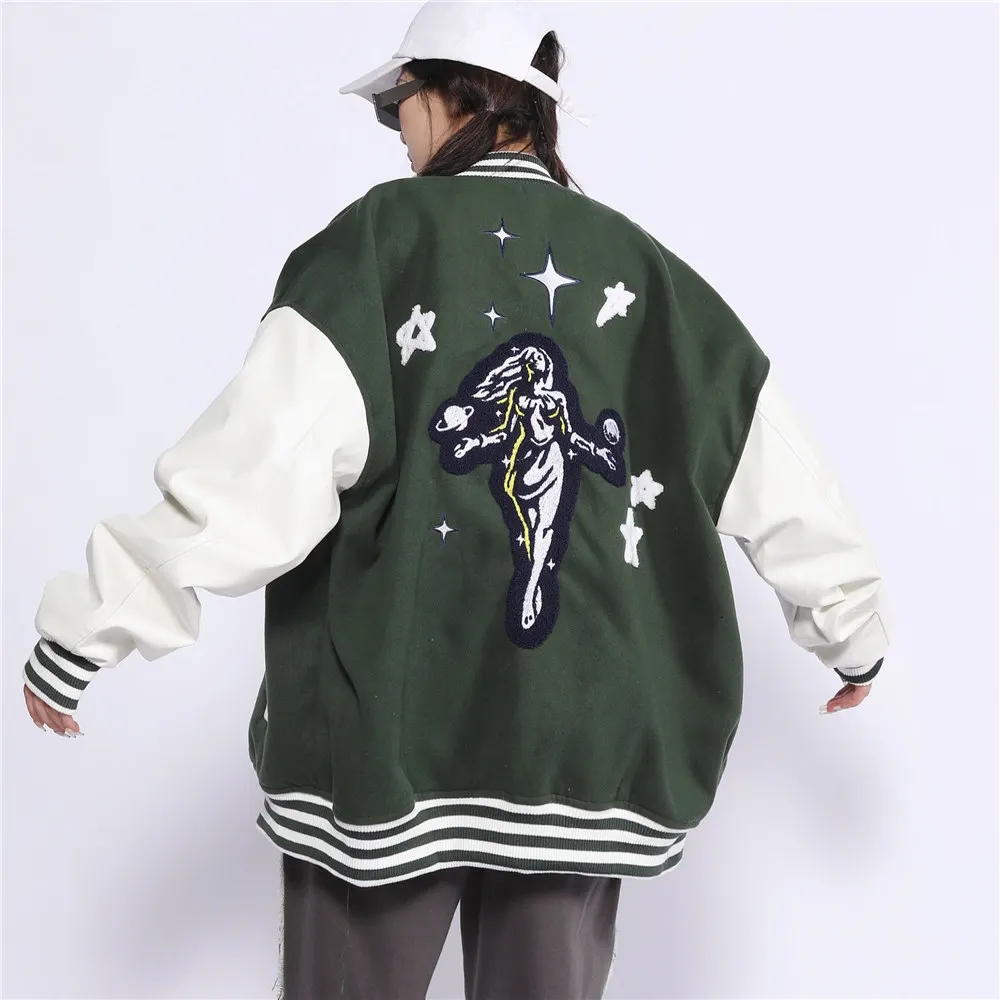 

Men Women Varsity Jacket Baseball Uniform Embroidery Creative Goddess PU Leather Sleeve Streetwear Harajuku Autumn Coat Clothing