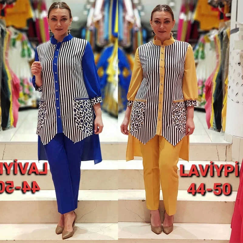 

Cyalaa New Arrival Custom Design Long-Sleeve Stripe Shirt Turn-Down Collar Casual Women'S Long Pants Two Piece Set C7787#
