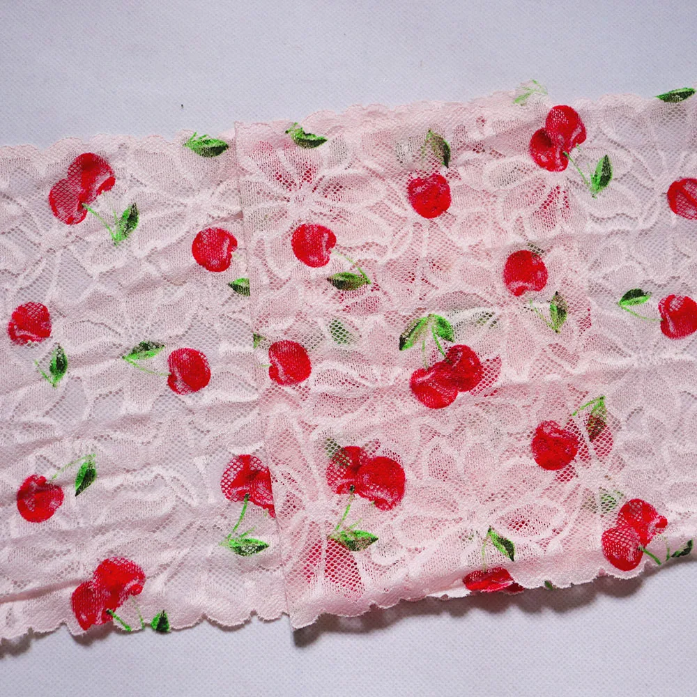 

2 Yards 19 CM Width Cherry Fruits Printed Elastic Lace Trim Pink For Clothes Hair Accessories Bra Garter Sewing Stretch Fabrics