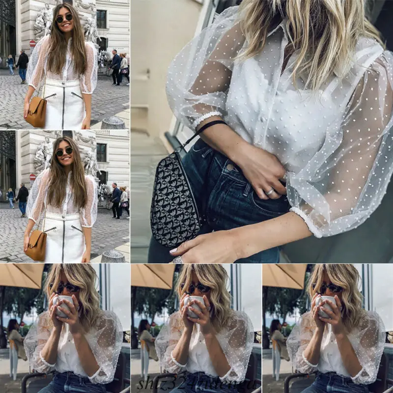 Женская прозрачная сетчатая блузка в сетку модная с коротким рукавом и высоким