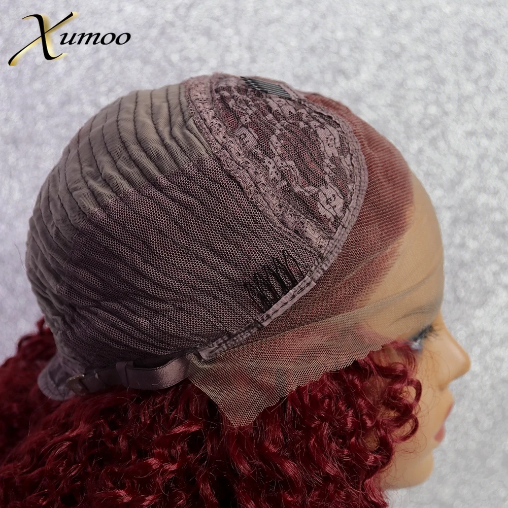 

XUMOO High Temperature Fiber Wine Red Synthetic Lace Front Wig Glueless Afro Kinky Curly Burgundy 99J Cosplay Wigs For Women