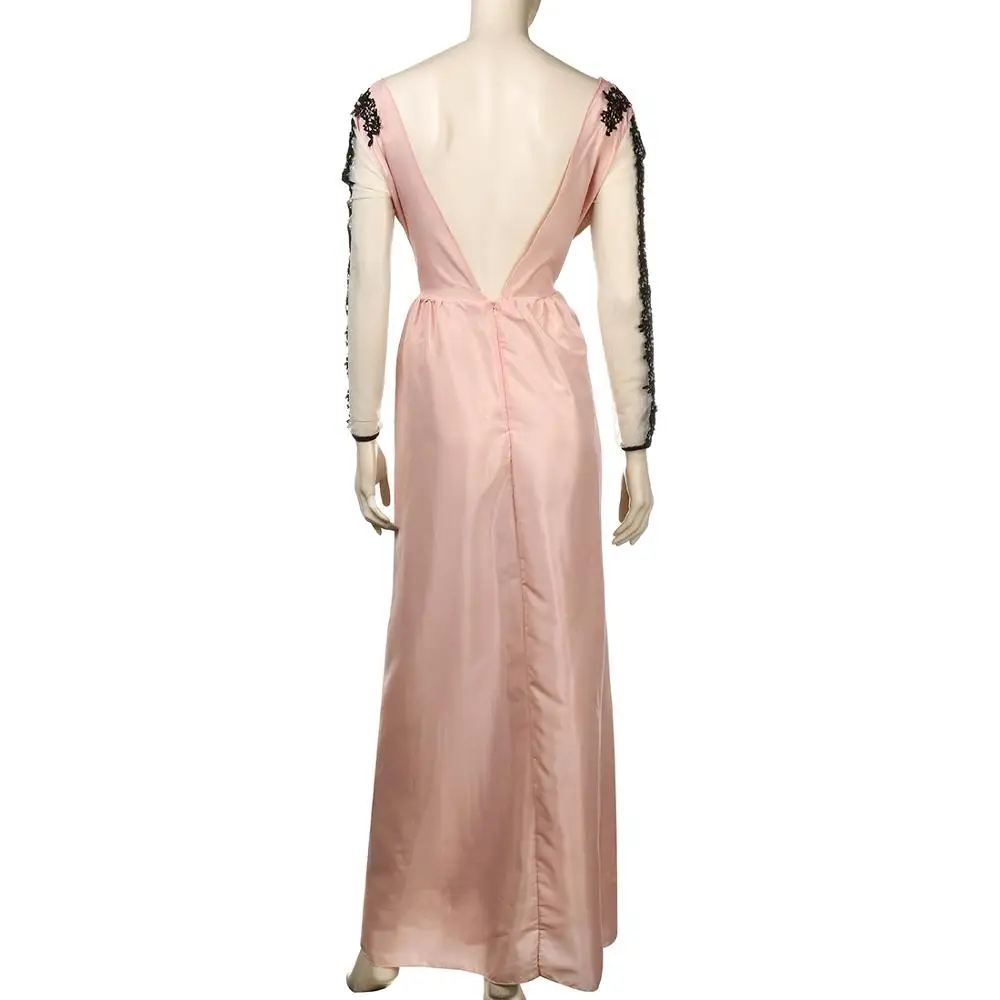 Женское кружевное платье с длинным рукавом розовое длинное глубоким вырезом 2018 |