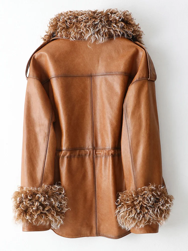 Женский пуховик из натуральной овечьей кожи с шерстяным воротником KQN62026 Осень