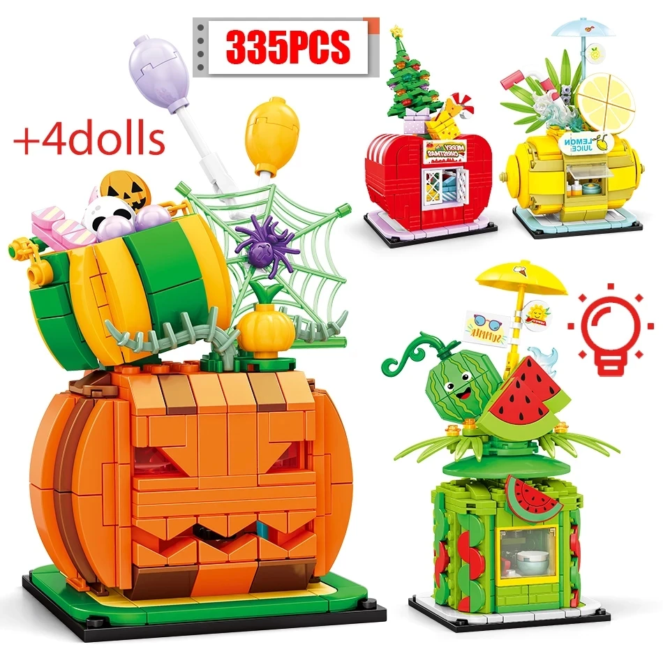 

Модель магазина в виде фруктовой тыквы и яблока с светильник кой, 2021, сборные строительные блоки, фигурки, игрушки, кирпичи, подарок на Хэлло...