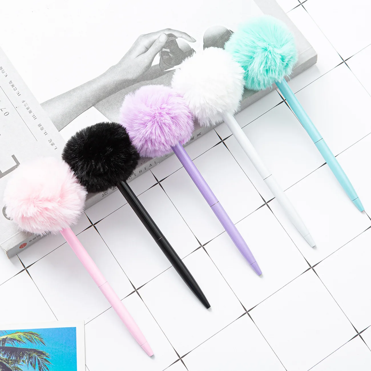 100Pcs/Lot Kawaii Bow Pom Pom Shape Plush Pen Fancy Ballpoint Pen for girl with custom logo Hot selling