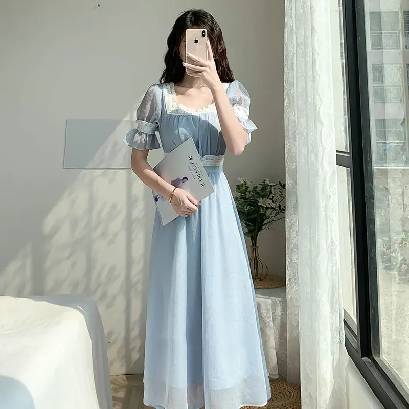 

2021 New Women Summer Dress Fashion Sweet Blue Chiffon Dress Casual Short Sleeve Slim Elegant Office Lady Dresses