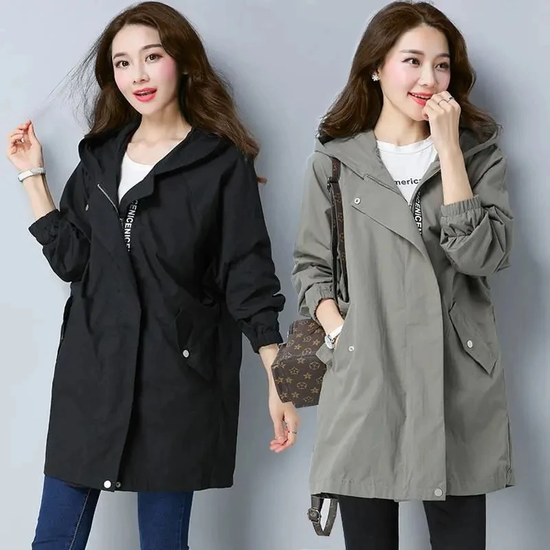 

2021 New Spring Autumn Women's Windbreaker Overcoat Mid-Length Loose Fashion Ladies Jacket Zip Hooded Female Outerwear