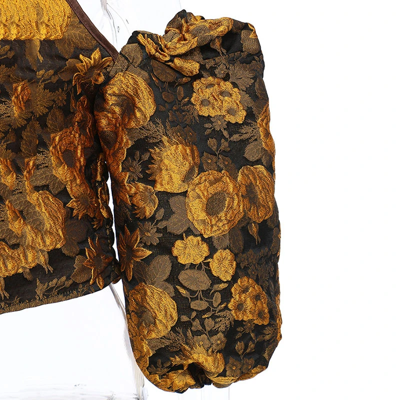 

SeeBeautiful Simple Jacquard Stand Collar Expose Shoulder Back Puff Sleeve Loose Shirt Blouse Woman Spring 2021 New Fashion L540