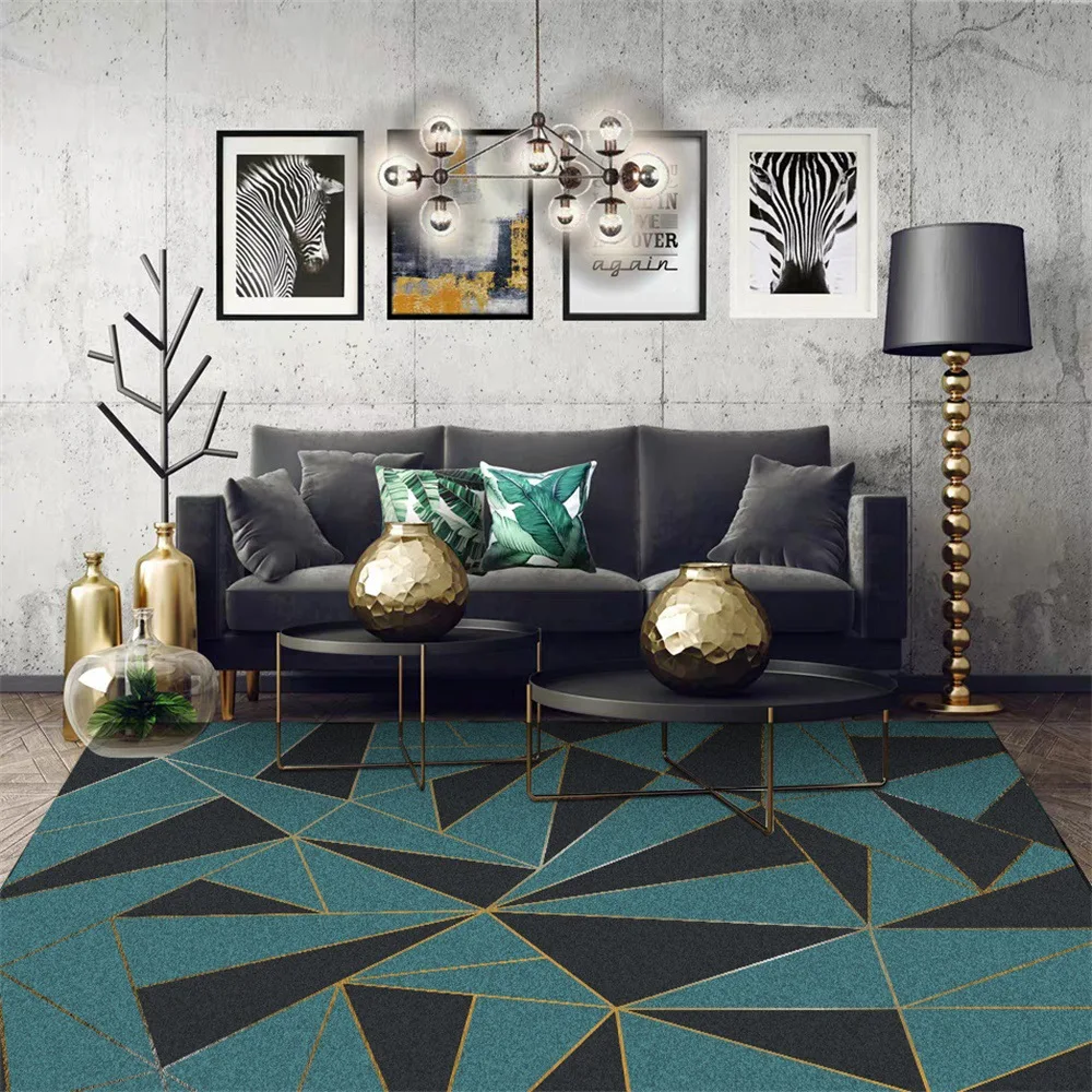 

Fashionable and modern light luxury ink green gold thread black triangle bedroom living room doormat bedside carpet floor mat