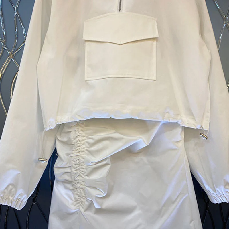 

VGH Casual Two Piece Set For Women Hooded Collar Tops High Waist Split Ruched Skirts Female Sets 2021 Fashion Style Clothing