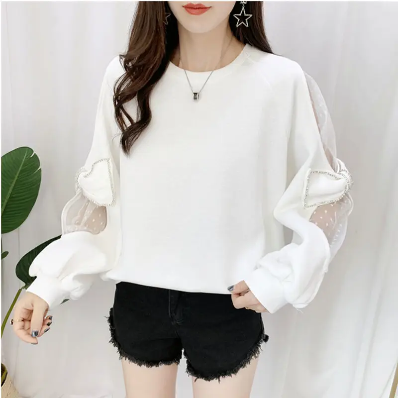 

2021 Spring Diamonds Bowknot Sweatshirt Dot Mesh Patchwork Long Sleeve Pullover Tops Autumn Women Pullover Jumper