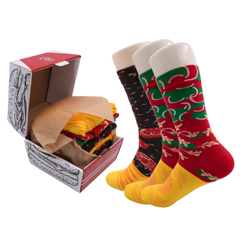 Women Socks Personalized Design Hamburger Sock Christmas Gift 3 Pairs Happy Harajuku Skate Cotton Funny Sock Gift