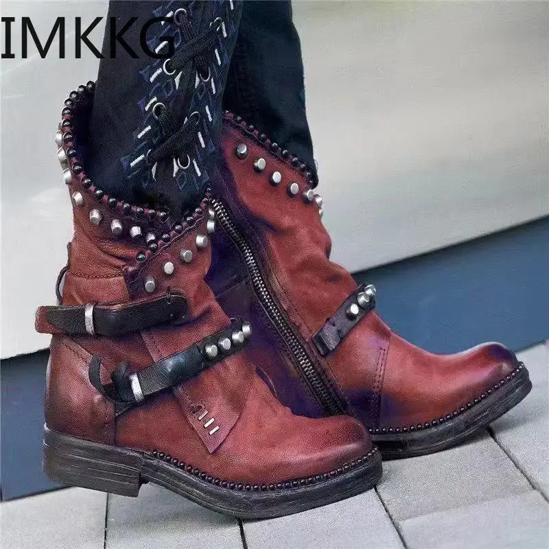 2019 Women Ankle Boots Autumn Winter Round Toe Vintage PU Leather Ladies Shoes Low Heel Rivet Cool Motorcycle Plus Size | Обувь
