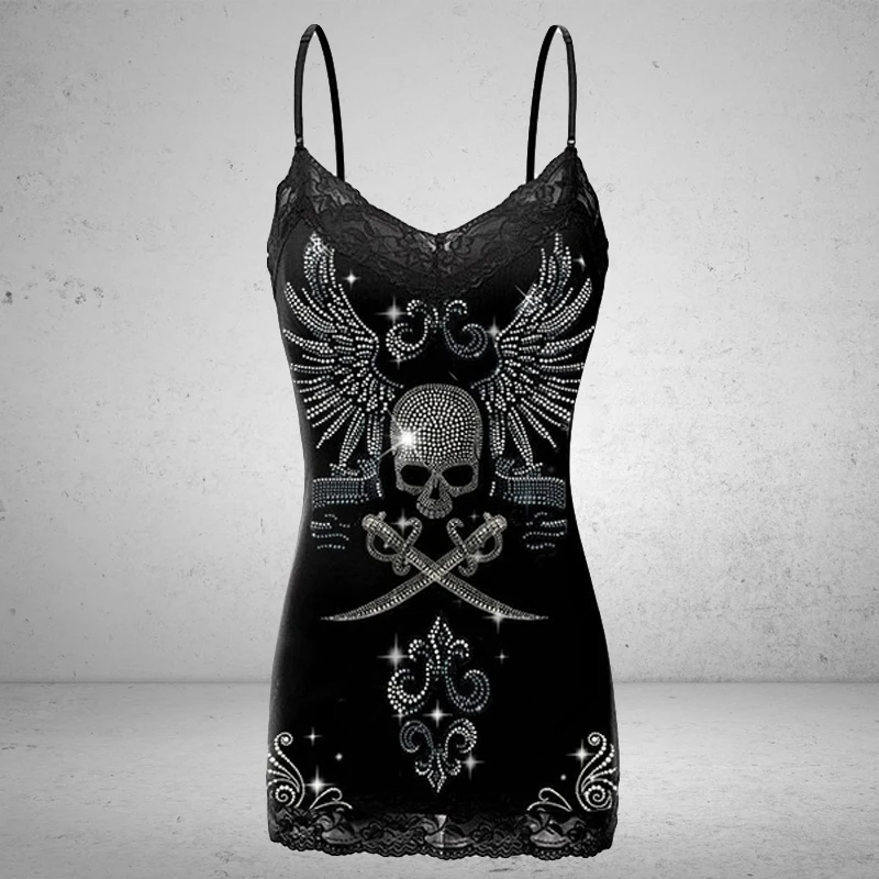 Майка женская с принтом черепа готический кружевной топ в стиле панк