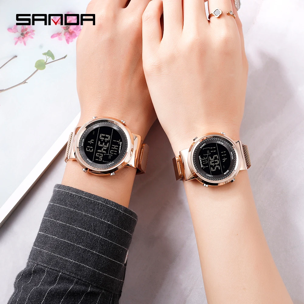 SANDA New Fashion Stainless Steel Mesh Belt Waterproof Quartz Watch Sports Electronic Digital Couple Watch For Men Women Watches