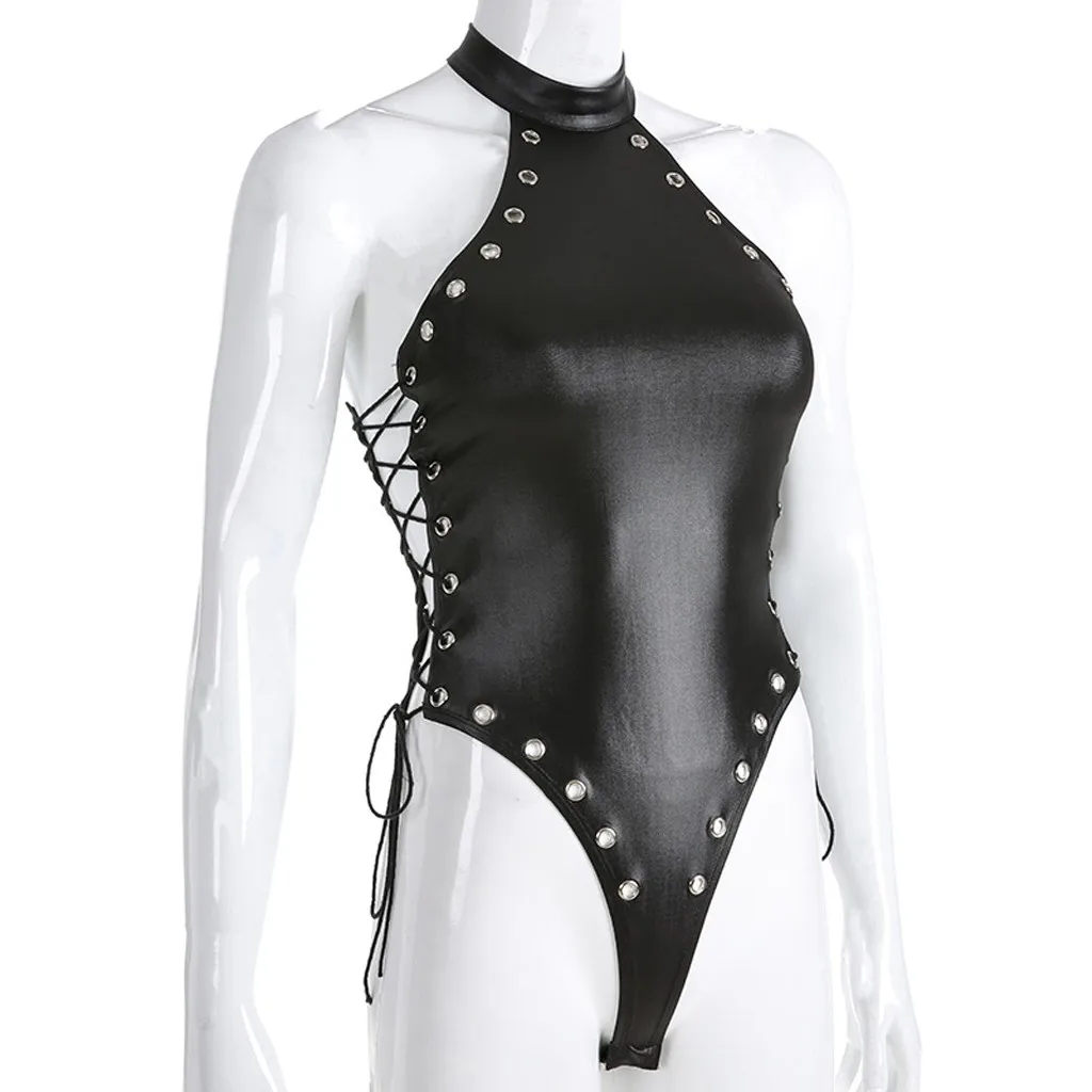 Модные Панк Черная кожа Hollwo укороченные топы для женщин Camisole летние модные Стрейчевые футболки с завязками на шее тонкие мягкие кожаные топы на бретелях
