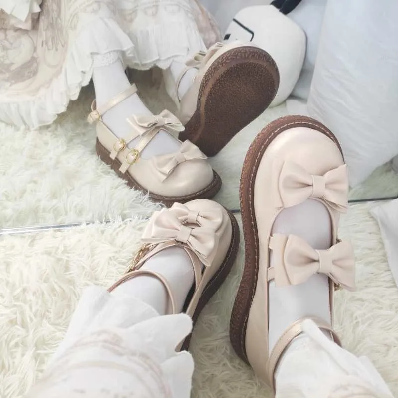

Japanese Round Head Sweetheart Cute Double Bowknot Lolita Girls Shoes Vintage Sweet Lolita Shoes Princess Kawaii Girl Mary Jane