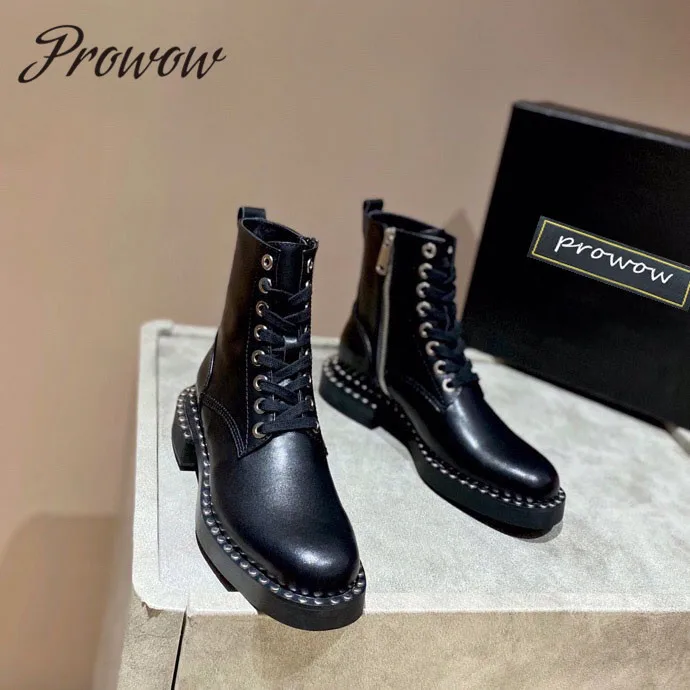

Prowow New Genuine Leather Metal Studded Punk Ankle Boots Gladiator Lace Up Winter Boots Designer Shoes Women Zapatos Mujer