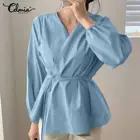Элегантные женские рубашки с длинным рукавом 2021 Celmia модные сексуальные офисные блузки с V-образным вырезом бандажные повседневные топы с баской блузки
