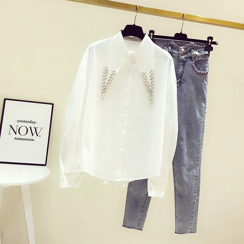 Женская рубашка с длинным рукавом белая свободная универсальная простая блузка