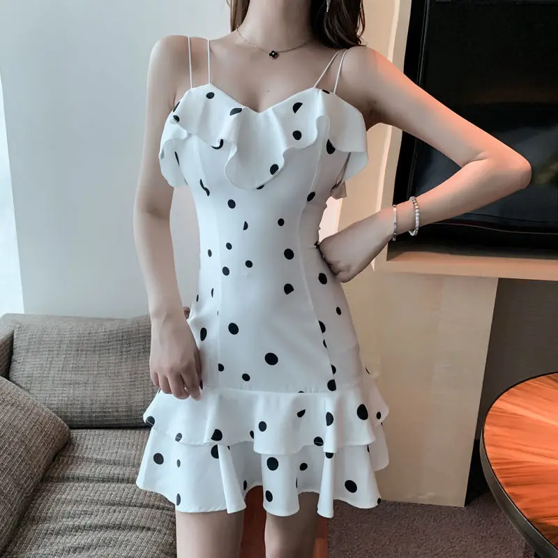 

White Skirt High Waist New Suspender Sleeveless Sexy Wave Dress Sweet Ruffled Hip Skirt