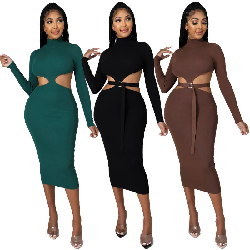 

WUHE Cut Out Open Waist Back with Sashes Women Dress Long Sleeve Sexy Hollow Out Night Party Bodycon Autumn Pencil Dresses