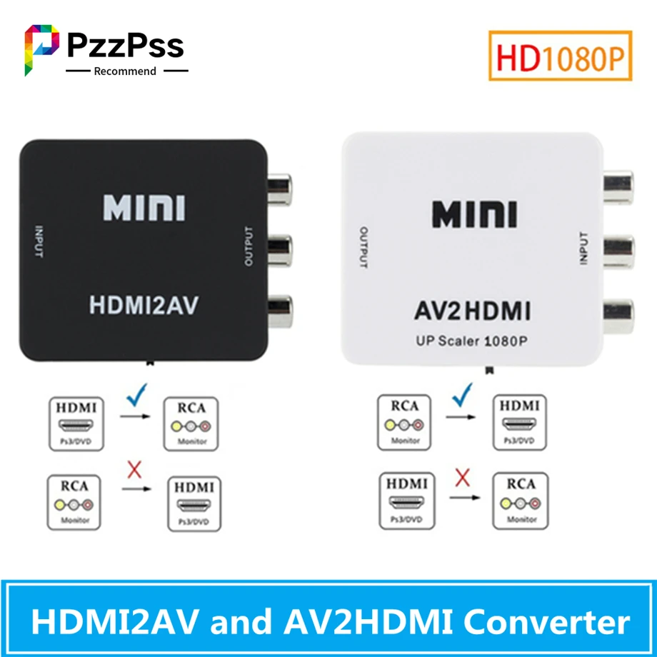 PzzPss-adaptador HDMI 1080P, convertidor compuesto de vídeo, compatible con RCA, CVSB, L/R,...