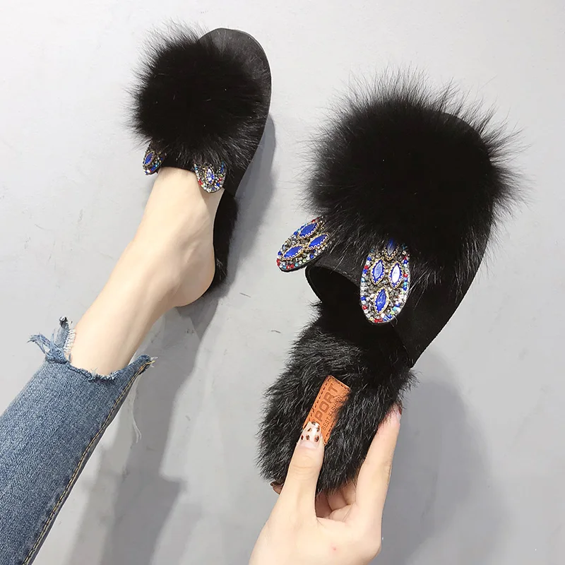 Лидер продаж меховые тапочки женские шлепанцы из лисьего меха Домашние сандалии