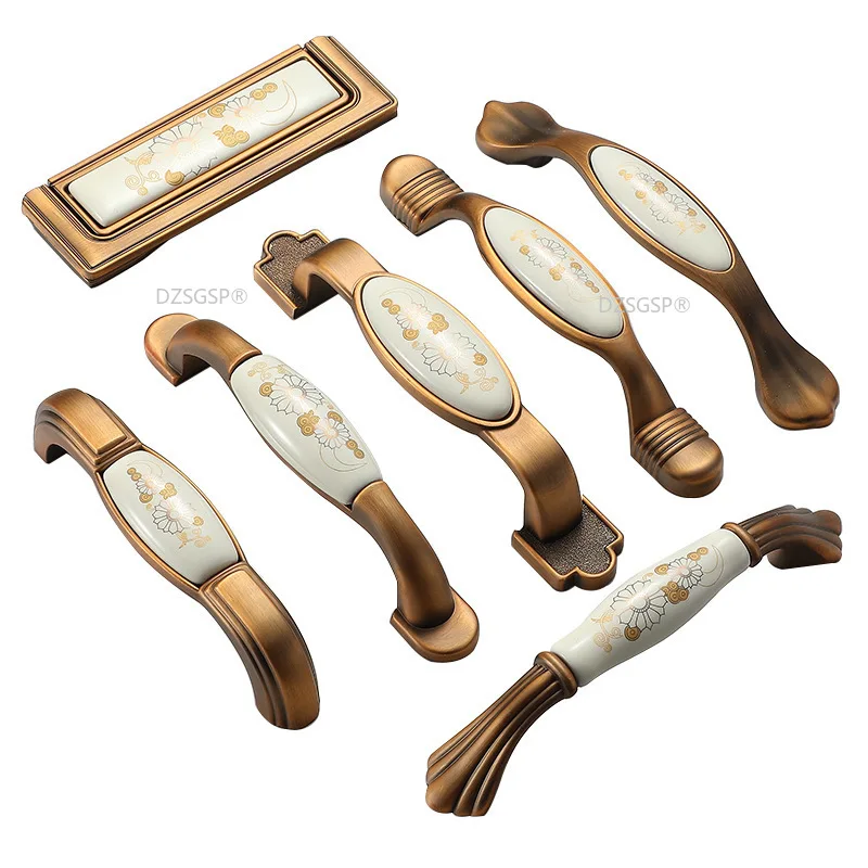 

Gold Black Cabinet Cupboard Hardware Door Furniture Handle Zinc Alloy Ceramic Drawer Kitchen Knob Flower Antique