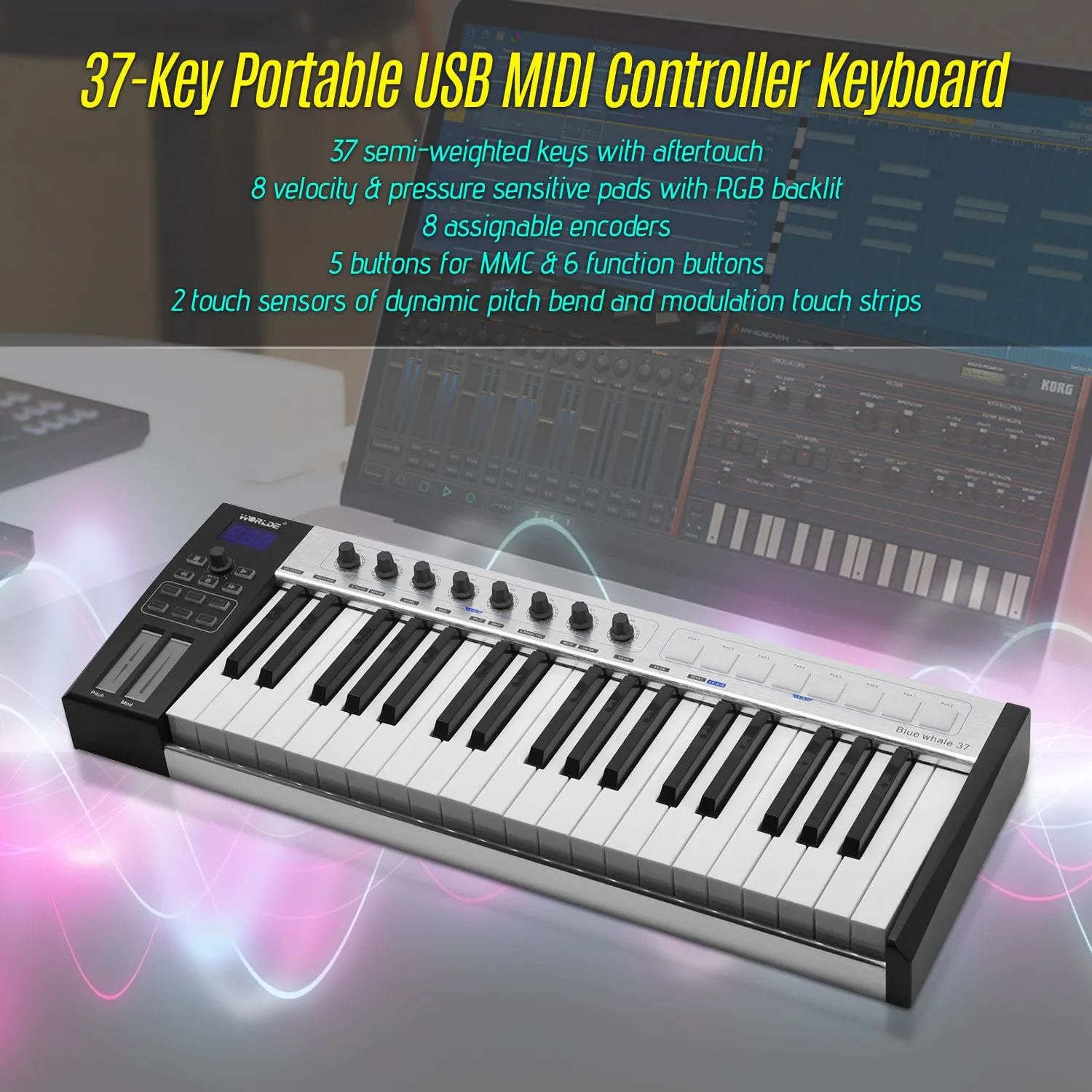 WORLDE TUNA мини ультра портативный 37 клавишный USB MIDI контроллер клавиатуры 8 RGB с