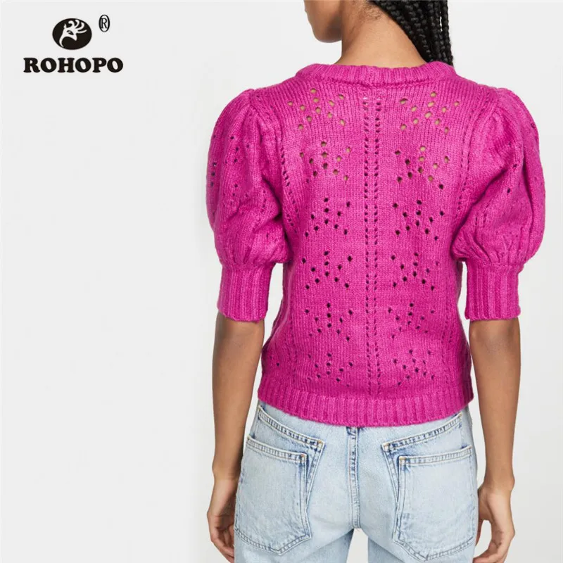 ROHOPO Deep Pink Knitted Solid Tops Outwear Round Collar Puff Half Sleeve Ladies Chic Cute Winter Sweater #9560 | Женская одежда