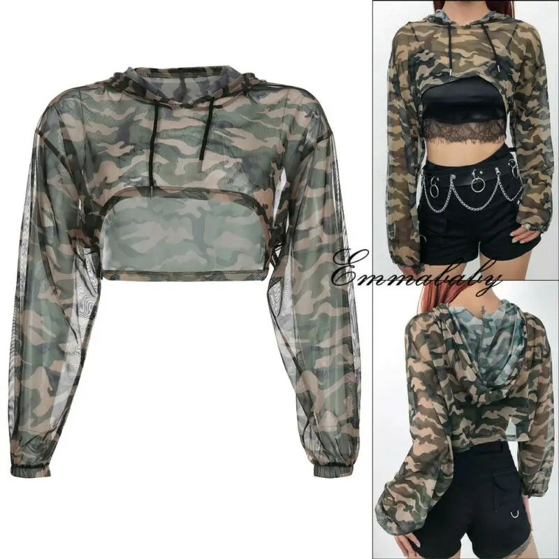 

Fashion Women's Summer Casual Camouflage Hooded Blouse Ladies New Perspective Long Sleeve Blouse Tops