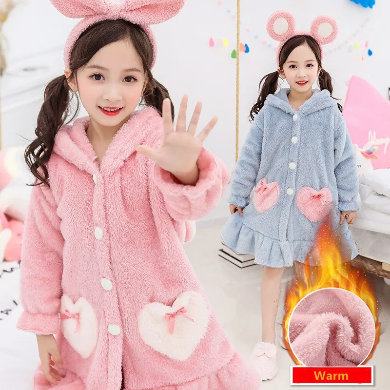 

Girls Pajamas Autumn Winter Flannel Bathrobe Cute Cartoon Children Nightgown Thickened Warm Toddler Homewear Kids Dress 3-12 Yrs