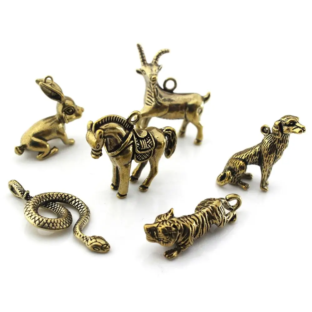 

1pcs Solid Brass Keychain Charm Pendant High Quality Chinese Zodiac Signs Leather Craft DIY Decoration Keyring Animals CLOXY