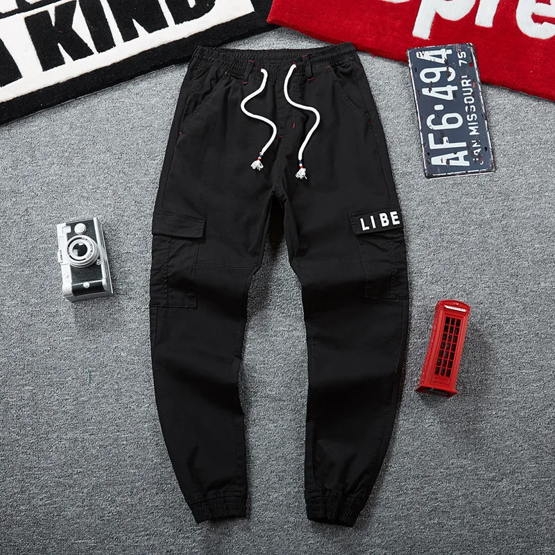 

morality leisure loose harlan loose wide-legged pants men many pockets beam foot tooling wear-resisting accented