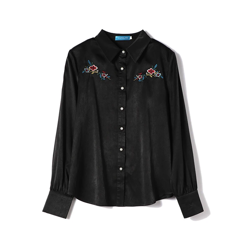 

OL Style Black Satin Shirts for Women Turn-Down Collar Embroidery Women Blouse Tops Elegant Workwear Female 2021 Autumn T11901X
