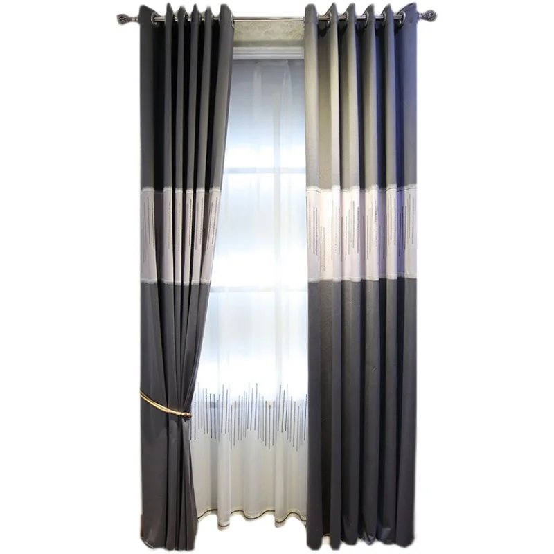 

Nordic Simple Modern Gray Stitching Curtains for Living Room Bedroom Floor-to-ceiling Windows Flannel Shading Customization