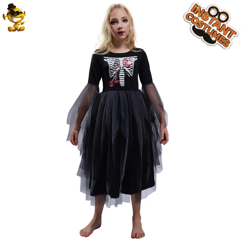 

Child Girl's Skeleton Costumes Role Play Black Bones Skeleton Dress Clothes for Kids Halloween Costumes