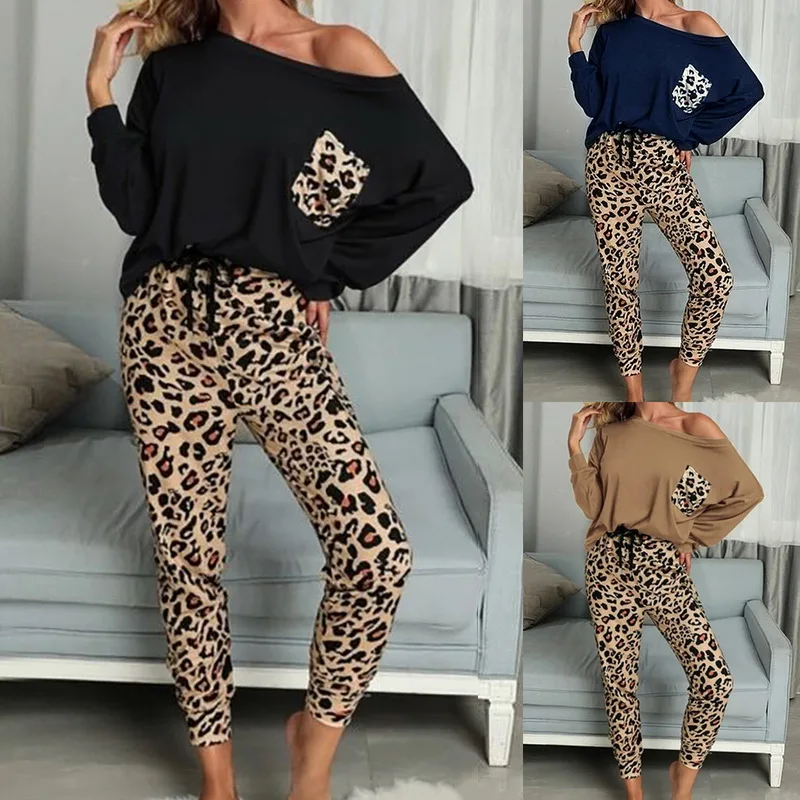 

2pcs Suits Leopard Homewear Women Spring Casual T Shirts Drawstring Sweatpants Pajamas Set Fashion Elastic Pajama Sets Sleepwear