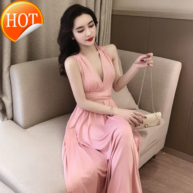 

V-neck neck bandage dress with slim waist and long base skirt