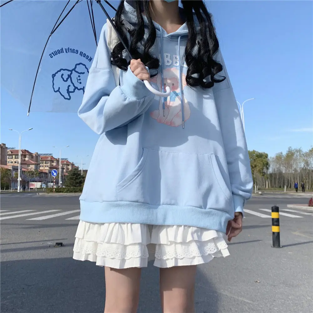 

Japanese Ins Kawaii Blue Hoodies Women Cartoon Print Loose Sweatshirt 2022 Spring Autumn Casual Cute Pullover Femme