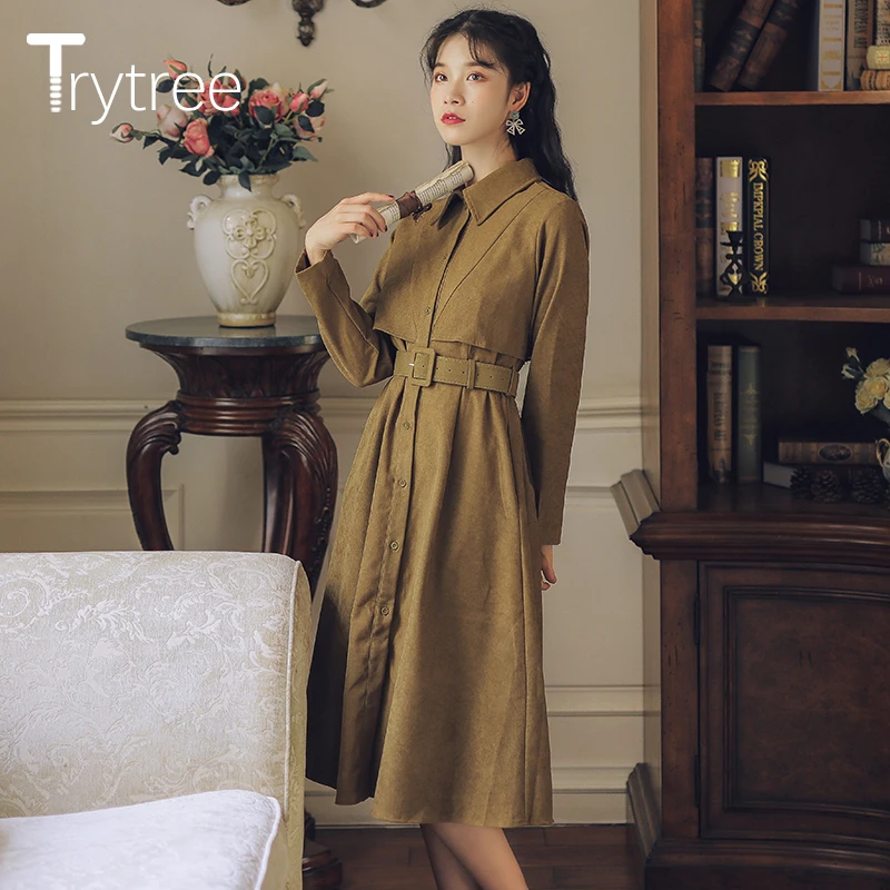 Осенне-зимнее женское платье Trytree повседневное однобортное платье-трапеция с