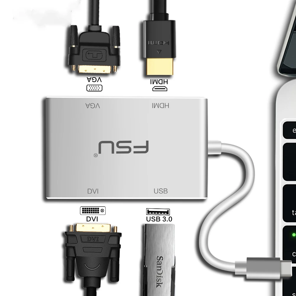Многофункциональный мини USB 3 0 type c к VGA DVI сплиттер HDMI адаптер 1X4 мультипорт для