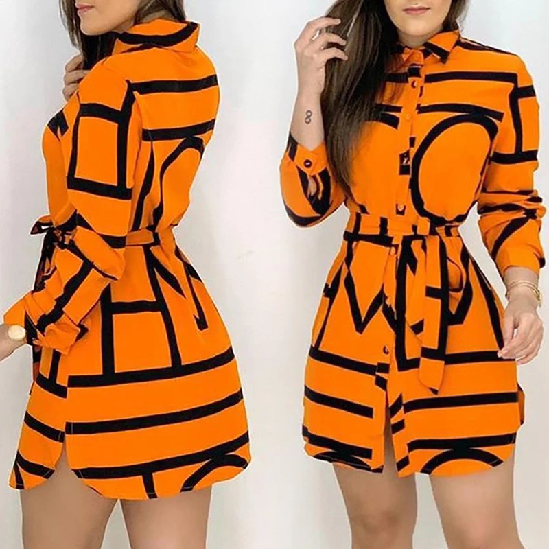 

Vestido ladies dress casual tie waist waist short women's long-sleeved mini shirt dress autumn new printed work clothes 2021