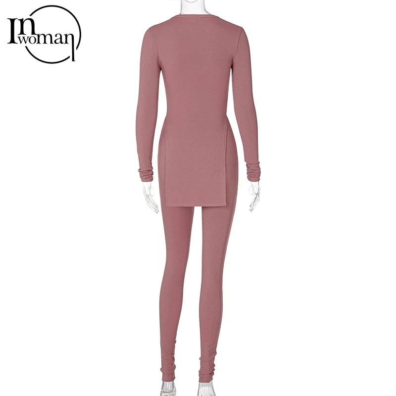 

Inwoman Ribbed Knitted Summer Two 2 Piece Set Women Outfits Matching Sets White Black T Shirts and Pants Set Suit Tracksuit 2021