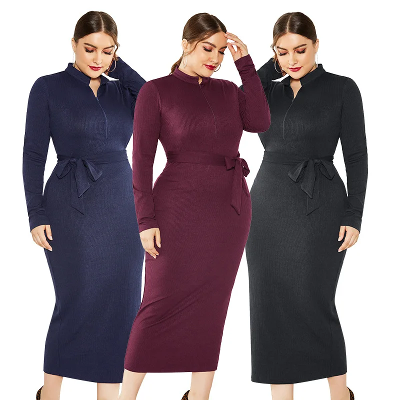 Plus Size 5XL Sexy Knit Sweater Dress Women Zipper Lace-up Elastic Slim Dresses Ladies Strech Maxi Party Autumn Winter | Женская одежда