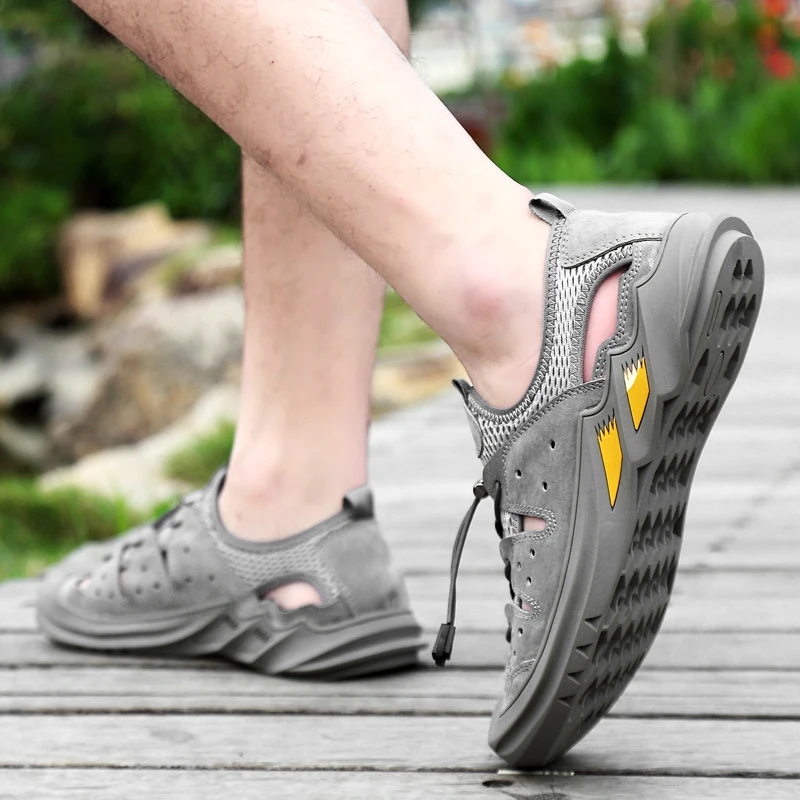 

Мужские кожаные сандалии, рабочая обувь, резиновые, уличные римские сандалии и тапочки, лето